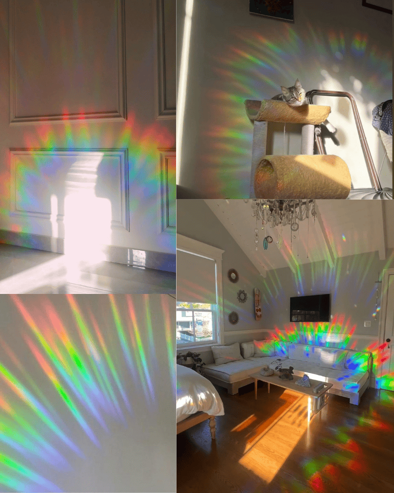 Rainbows thrown across a real room by a Glimmerprism suncatcher in direct sun