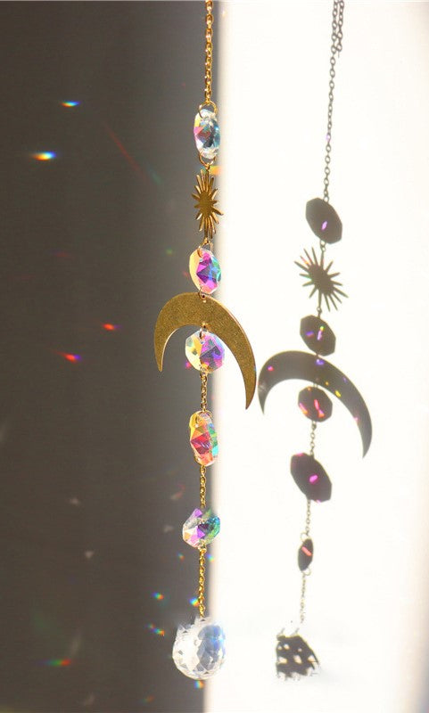 Moon Cascade crystal prism hanging with gold crescents and stars